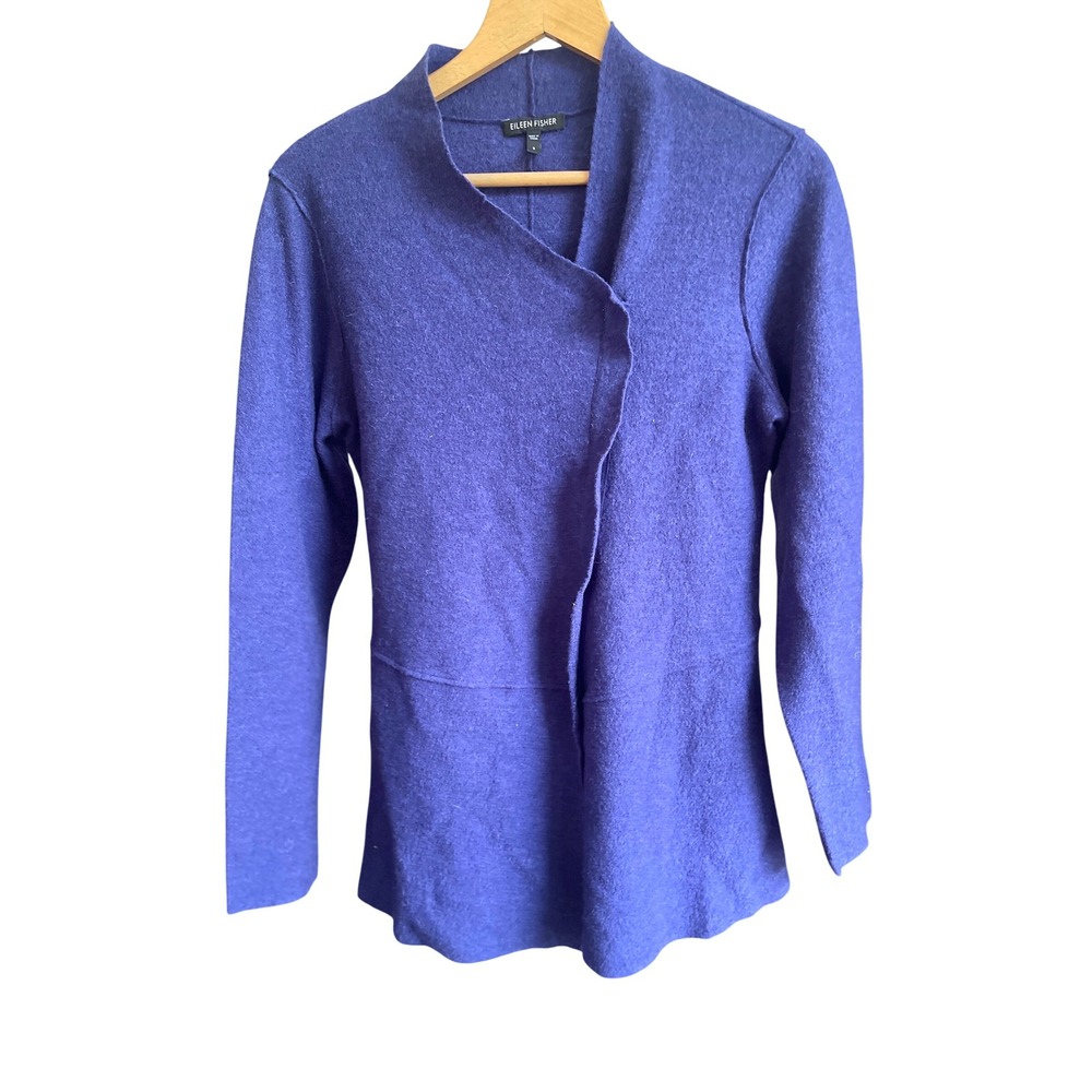 Eileen Fisher Blue Merino Wool Asymmetric Zip Front Knit Cardigan Sweater Jacket